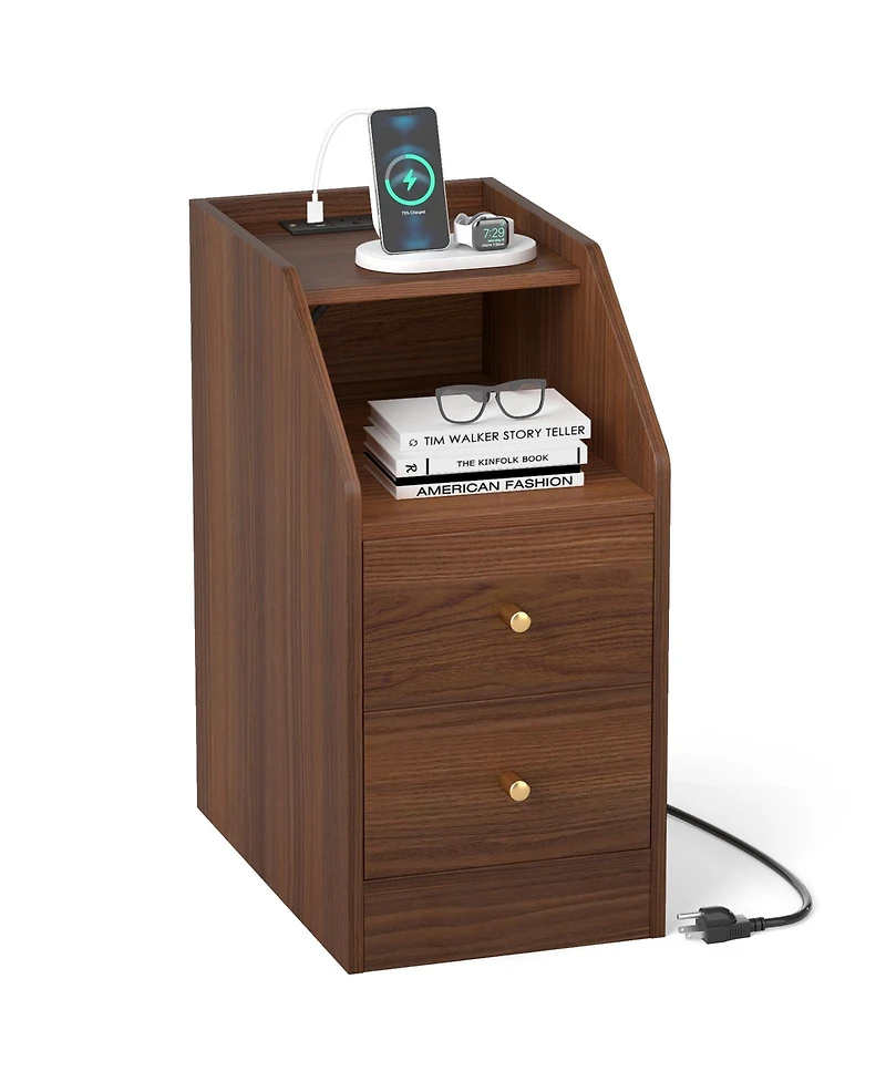Slickblue End Table with Charging Station, Sofa Side Table with Drawers and Storage Shelf