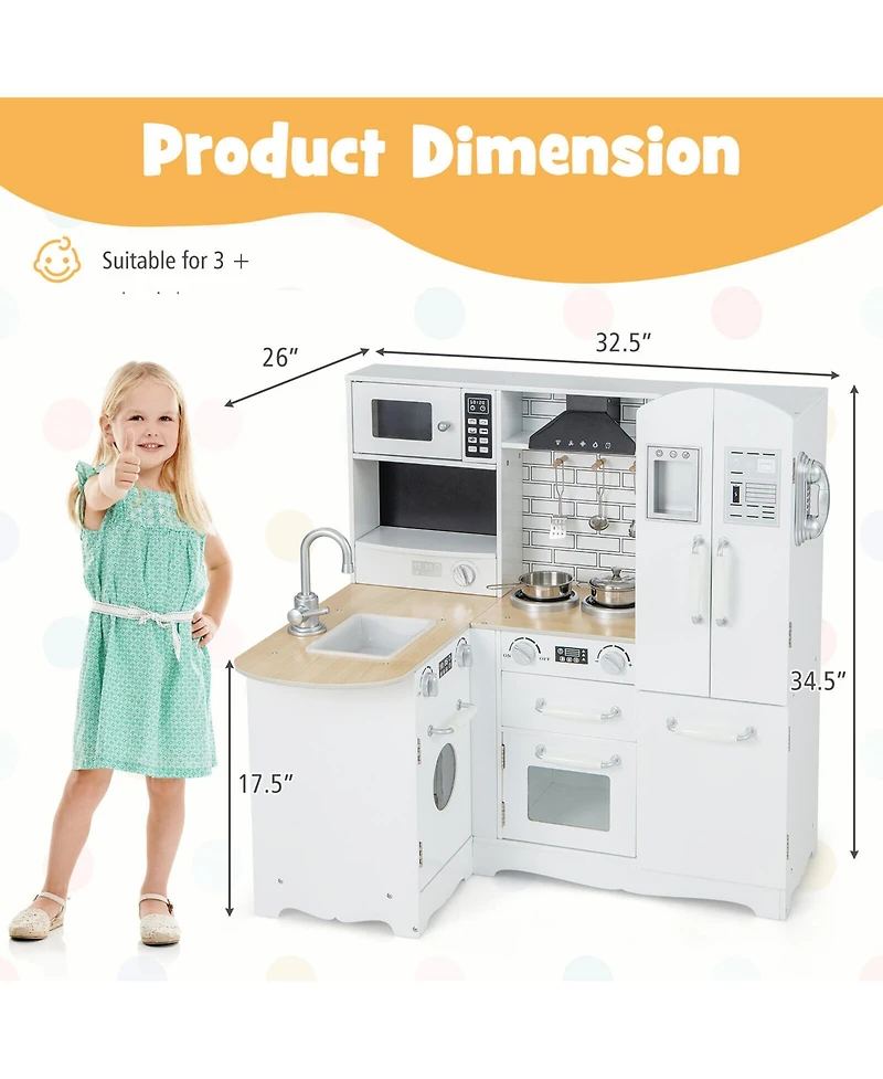 Gymax Kid's Corner Kitchen Playset Wooden Chef Play with Stove Utensils and Refrigerator