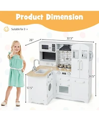 Gymax Kid's Corner Kitchen Playset Wooden Chef Play with Stove Utensils and Refrigerator