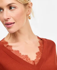 I.n.c. International Concepts Women's Lace Trim Double V Neck Dolman Long-Sleeve Viscose-Blend Sweater, Macy's Exclusive