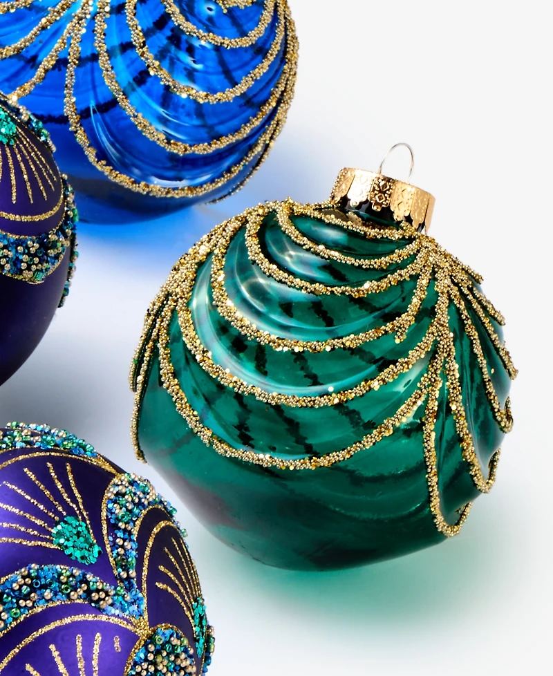 Holiday Lane Opulence Shatterproof Blue, Purple & Green Decorated Ball Ornaments, Set of 4, Macy's Exclusive