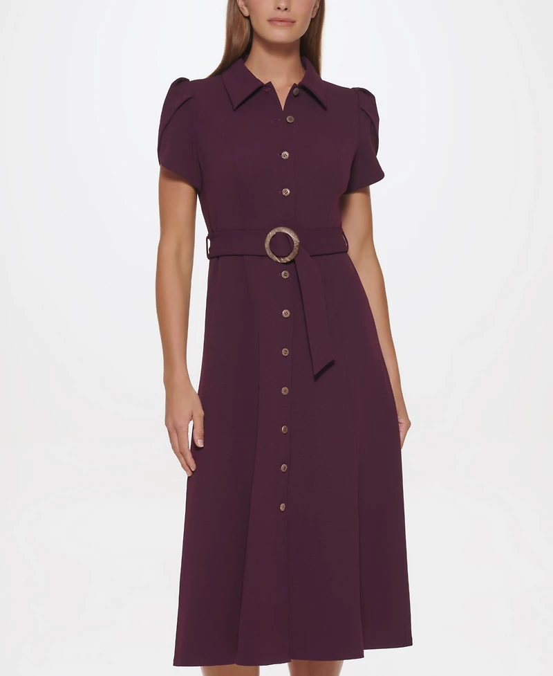 Calvin Klein Puff-Sleeve Belted Midi Dress