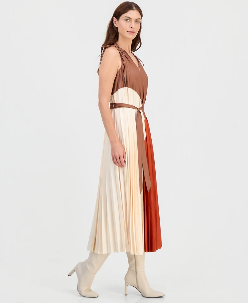 T Tahari Women's V-Neck Pleated A-Line Midi Dress