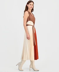 T Tahari Women's V-Neck Pleated A-Line Midi Dress