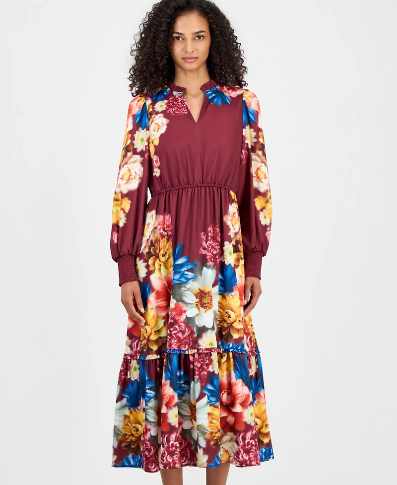 T Tahari Women's Floral Long-Sleeve A-Line Midi Dress