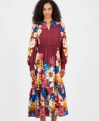 T Tahari Women's Floral Long-Sleeve A-Line Midi Dress