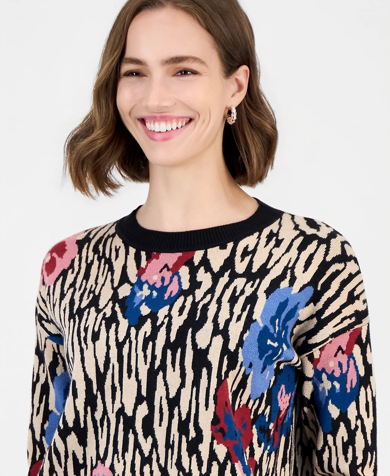 T Tahari Women's Leopard Floral Jacquard Crewneck Sweater