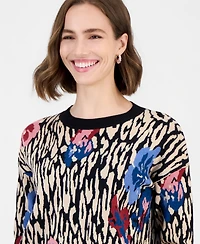 T Tahari Women's Leopard Floral Jacquard Crewneck Sweater