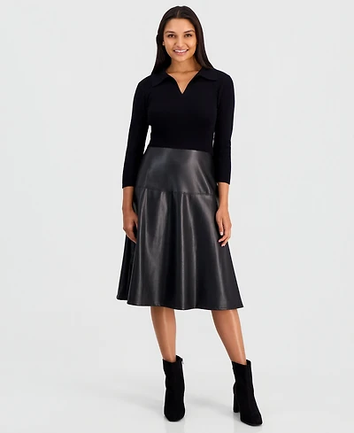 T Tahari Women's Faux-Leather-Skirt Split-Collar 3/4-Sleeve Dress
