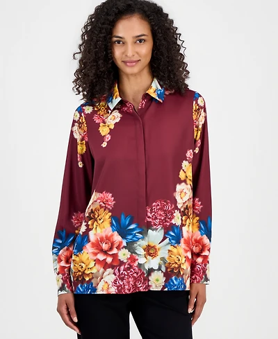 T Tahari Women's Floral Button-Front Tunic Blouse