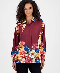 T Tahari Women's Floral Button-Front Tunic Blouse