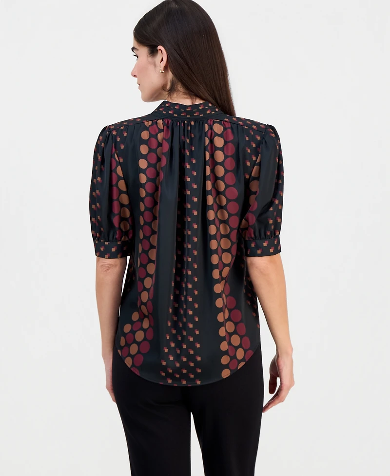 T Tahari Women's Printed Split-Neck Button-Down Blouse