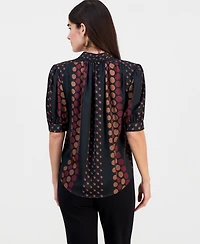 T Tahari Women's Printed Split-Neck Button-Down Blouse