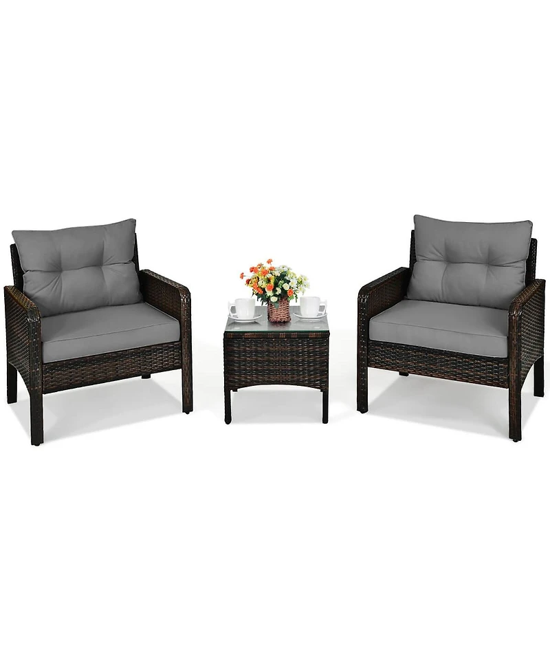 Costway 3 Pieces Patio Pe Wicker Furniture Set with Cushions and Tempered Glass Coffee Table