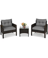 Costway 3 Pieces Patio Pe Wicker Furniture Set with Cushions and Tempered Glass Coffee Table