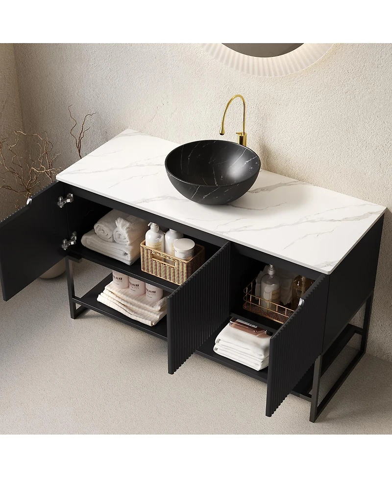 Sillysis 48 Inch Modern Bathroom Vanity with Ceramic Vessel Sink, Sintered Stone Countertop, Soft Close Doors