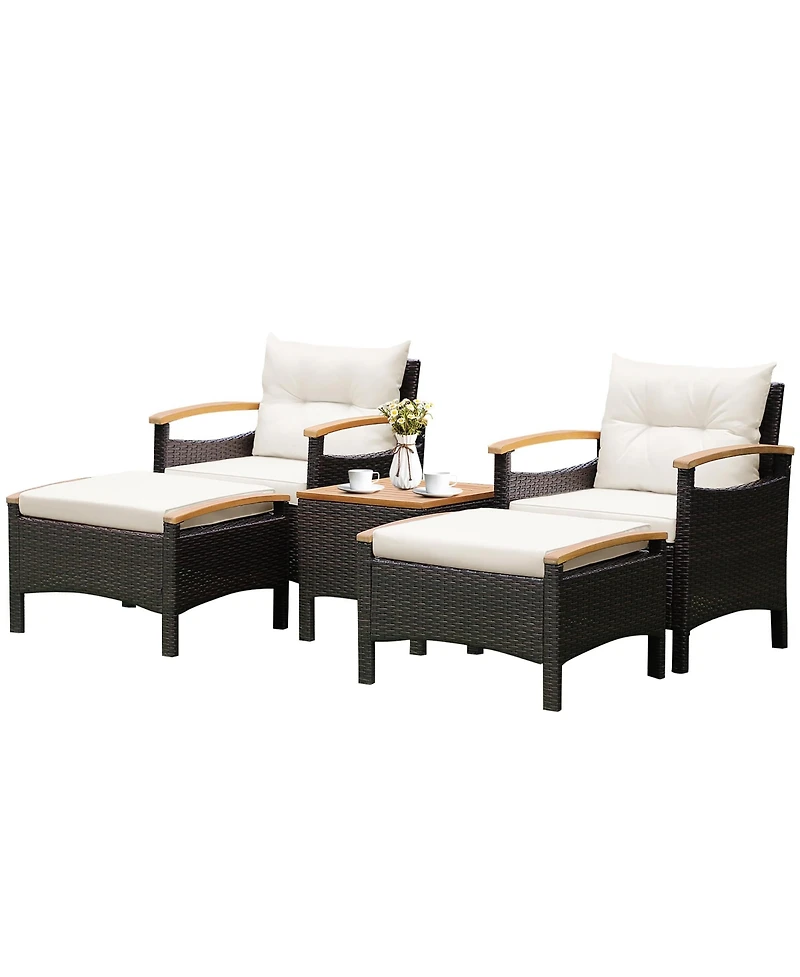 Costway 5Pieces Patio Rattan Furniture Set Sofa Ottoman Cushioned Table Wood Top
