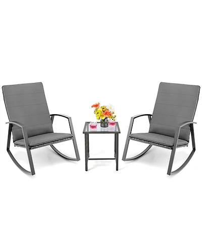 Costway 3 Piece Patio Rattan Rocking Chair Table Furniture Set Yard Cushion