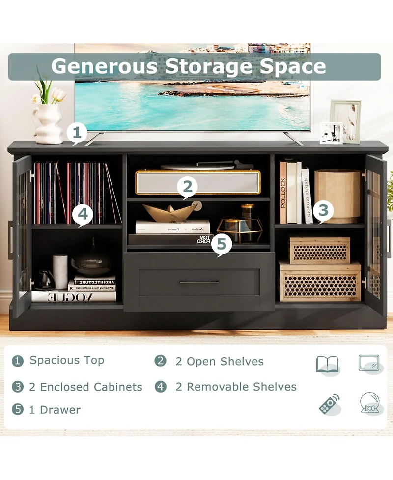 Slickblue Modern Tv Stand with Drawer and Glass Cabinet Doors