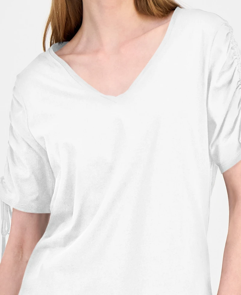 I.n.c. International Concepts Women's Ruched-Sleeve V-Neck Cotton T-Shirt, Macy's Exclusive