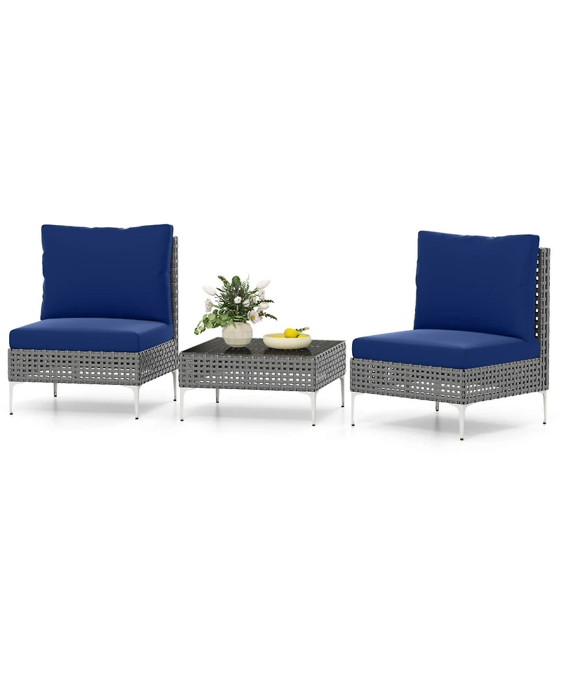 Costway 3 Pieces Patio Furniture Set with Tempered Glass Coffee Table Soft Back and Seat Cushions