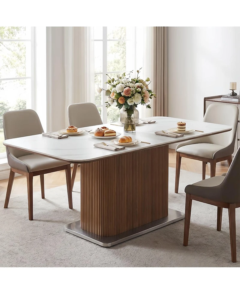 Tribesigns Modern 63" Rectangular Sintered Stone Dining Table with Solid Wood Fluted Base, Seats 4-6 People for Kitchen and Dining Room