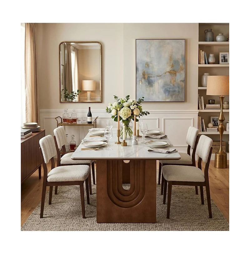 Tribesigns 63'' Sintered Stone Dining Table, Solid Wood Double Pedestal Farmhouse Table Seats 6