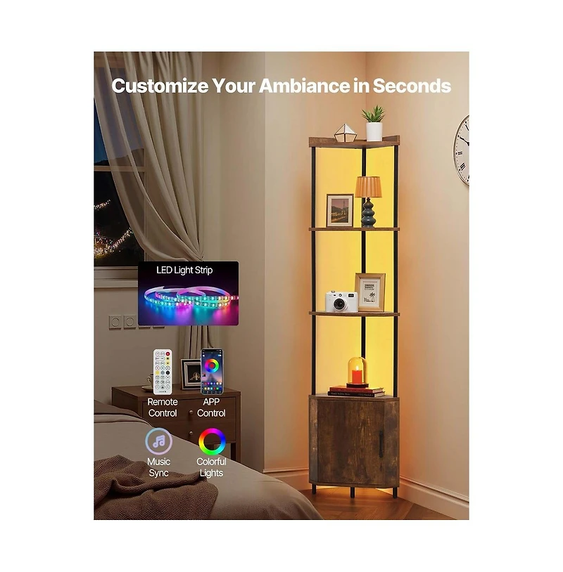 Sugift 5 Tier Corner Shelf with Led Light 65.4 Inch Tall Corner Bookshelf