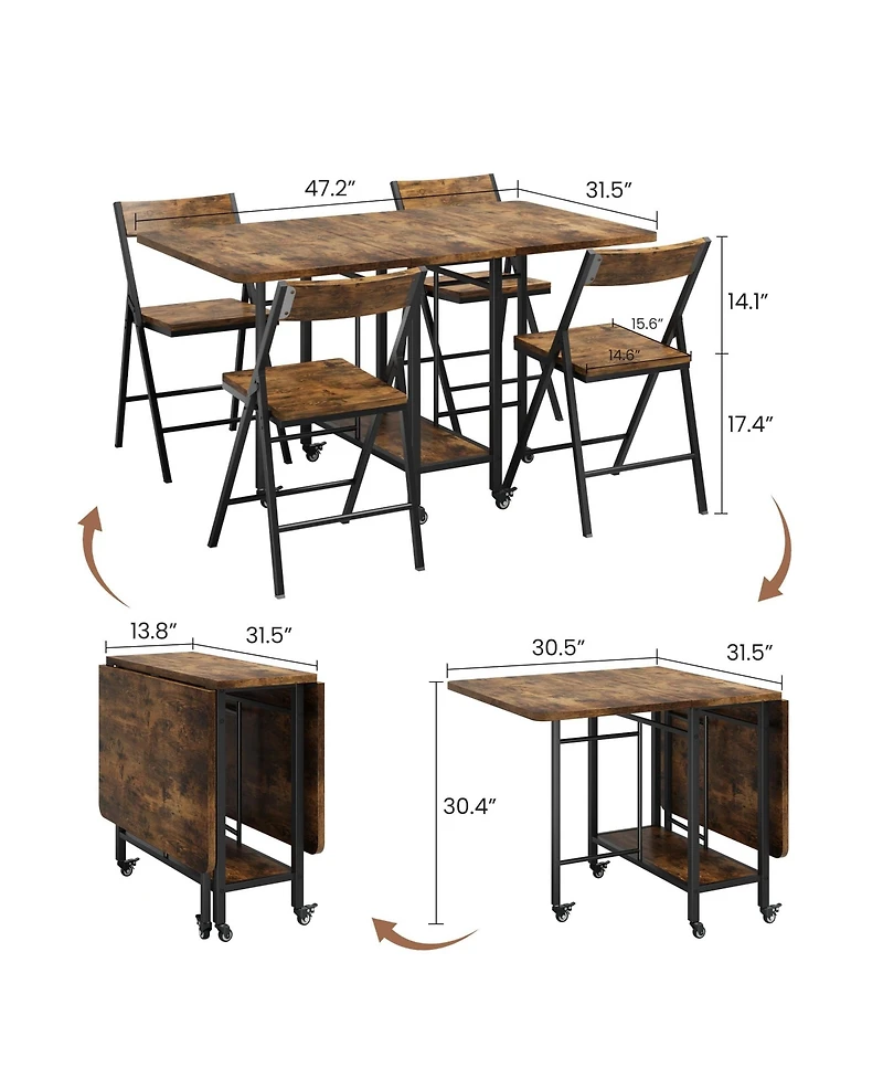 homfan Folding Dining Table Set with 4 Chairs - Drop Leaf Kitchen Table, Storage and Lockable Wheels, Space-Saving for Kitchen or Dining Room
