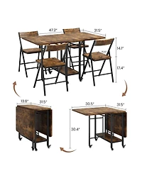homfan Folding Dining Table Set with 4 Chairs - Drop Leaf Kitchen Table, Storage and Lockable Wheels, Space-Saving for Kitchen or Dining Room