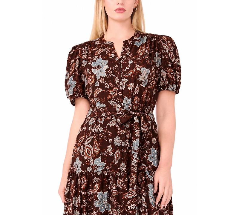 Msk Plus Puff-Sleeve Belted Midi Dress