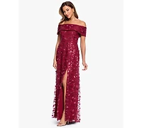 Xscape Women's Off-The-Shoulder 3D Embroidered Mesh Ball Gown