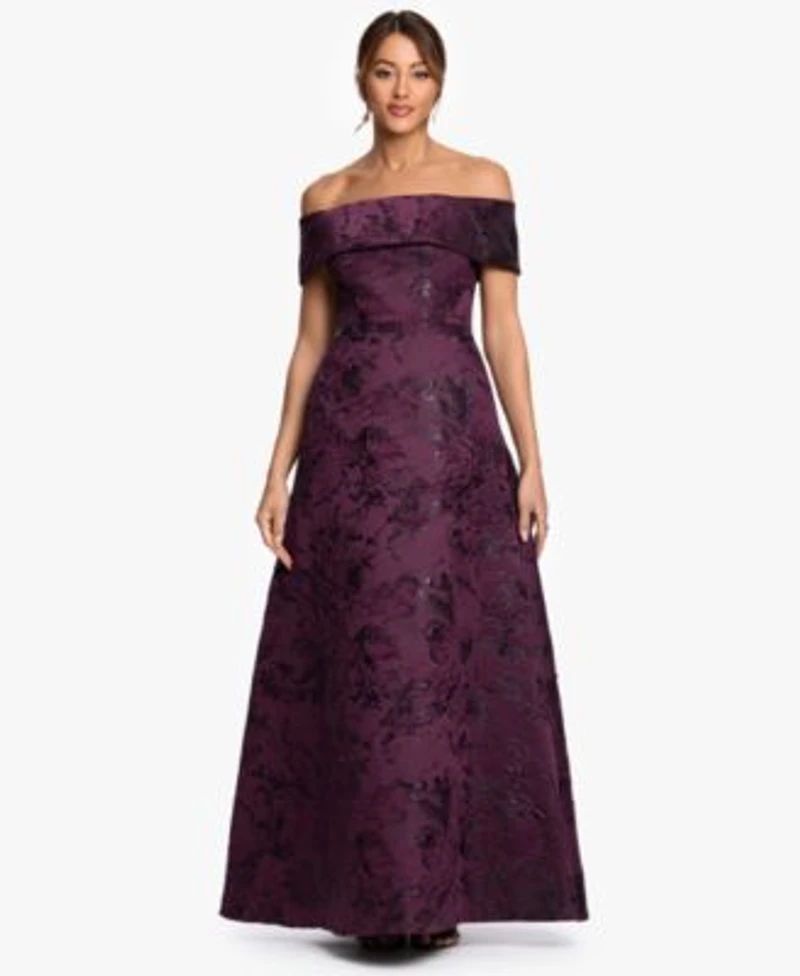 Xscape Womens Off The Shoulder Brocade Print Ball Gown