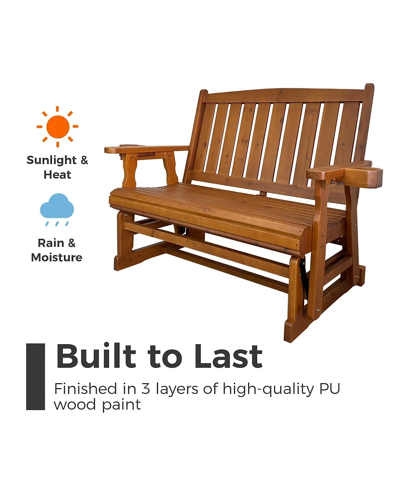 Mega Casa Solid Fir Wood 2-Person Outdoor Glider Bench, Heavy-Duty Wooden Patio Rocking Loveseat with Cup Holders