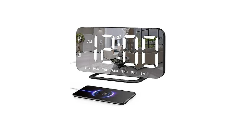 Jall Slim Mirror Alarm Clock Hd Display Dual Alarms 4 Brightness Levels (Off Included) 2 Usb Charging Ports Stylish Gift