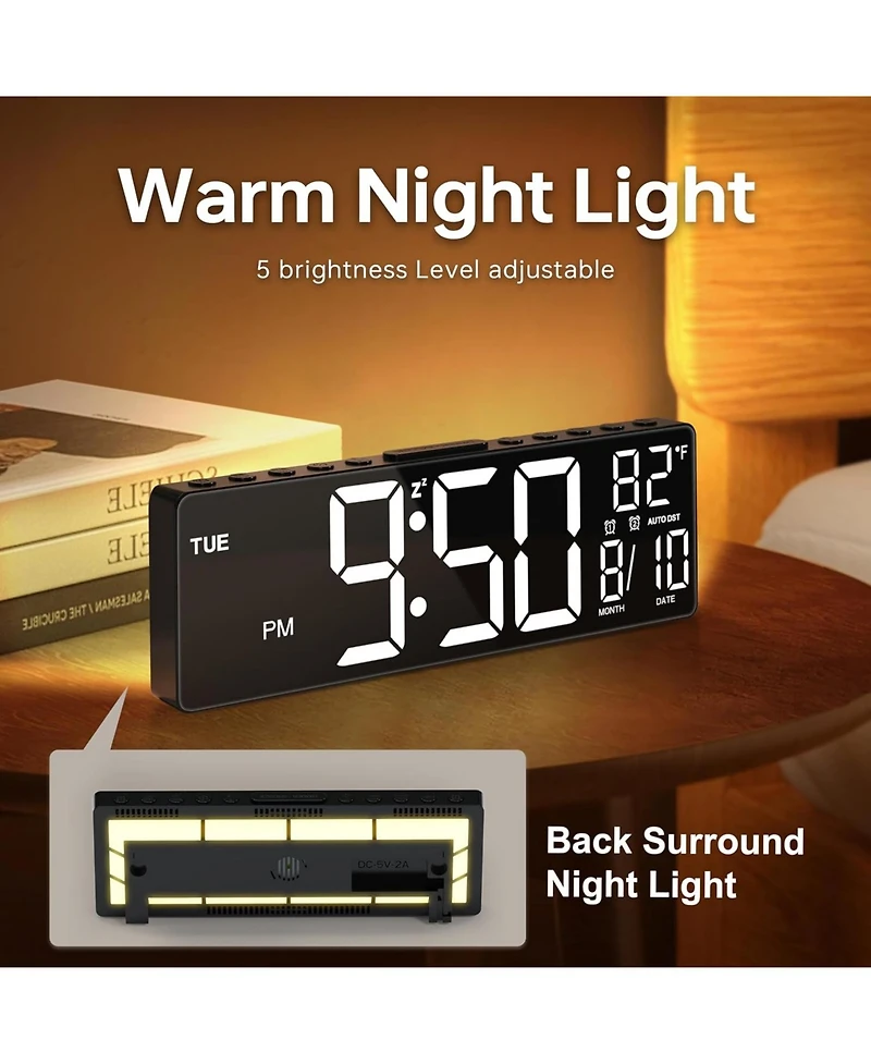Jall 10.5 Inch Digital Large Alarm Clock with 8 Rgb Colors Date Month Temperature Auto Dst Back Night Light Plug Memory Battery