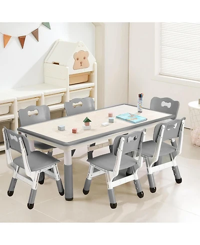 homfan 47 Inch Height Adjustable Kids Table and 6 Chair Set with Non-Slip Legs and Graffiti Desktop