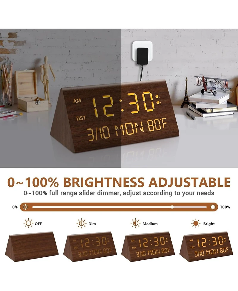Neewer Wooden Digital Alarm Clock, 0-100% Dimmer, 2 Alarm Settings, Weekday/Everyday Mode, 9 Mins Snooze, 12/24H, Temperature