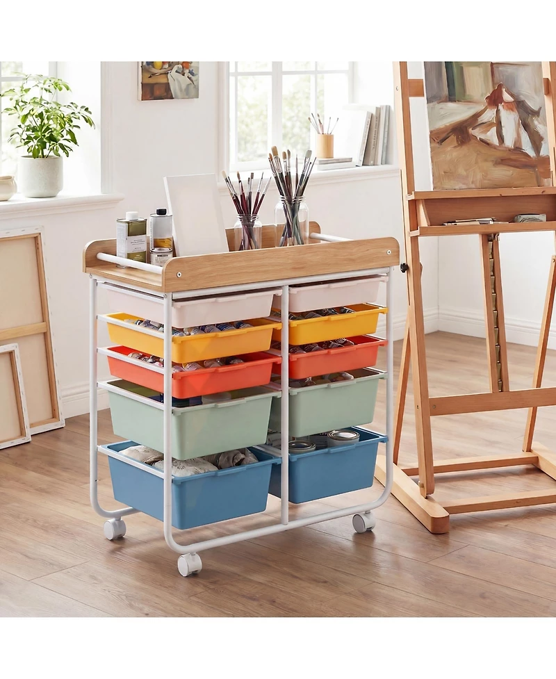 Slickblue Rolling Office Storage Cart with 10 Drawers, Wood Top and Locking Wheels