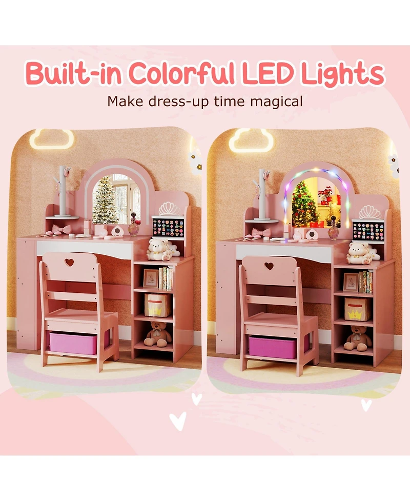 Slickblue Kids Makeup Vanity Table and Chair Set with Color Changing Led Lights