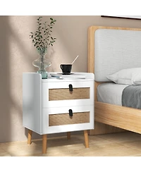 Slickblue Modern Nightstand with 2 Rattan Decorated Drawers for Bedroom Storage