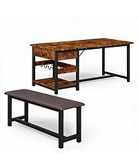 homfan Space Saving Dining Table Set for 4 Modern Table with 2 Pu Leather Benches, Storage Drawers and Wine Rack