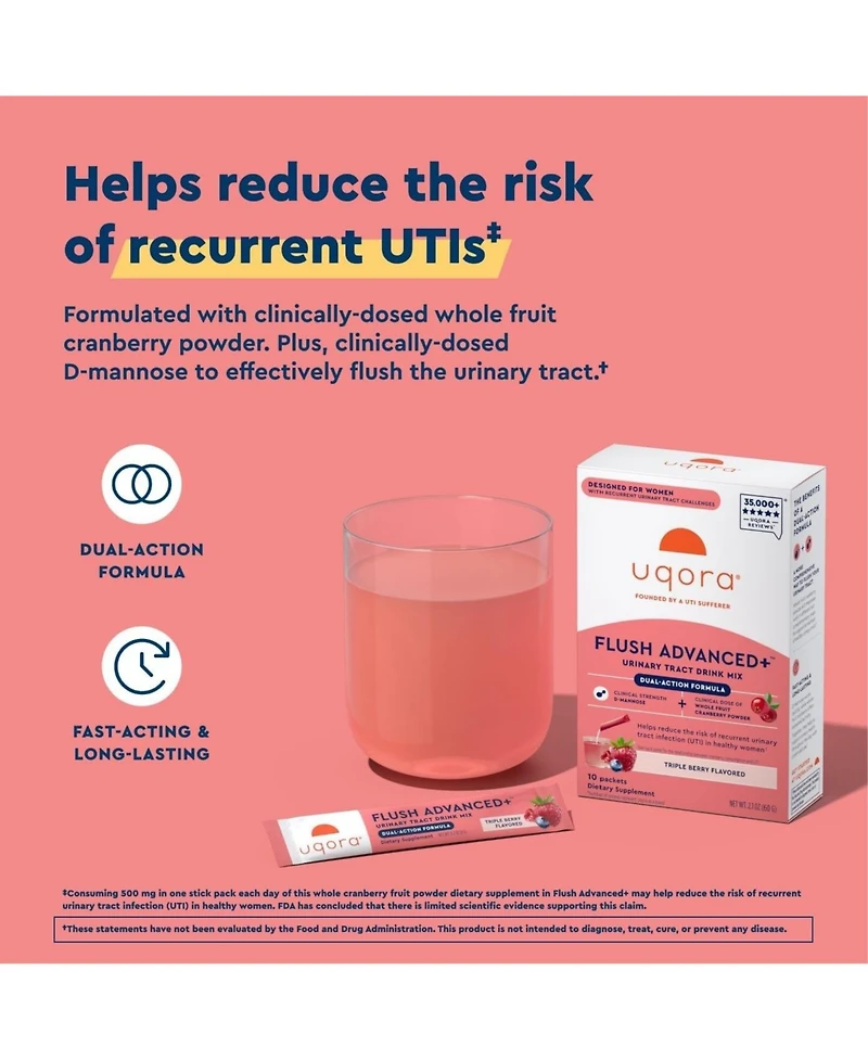 Uqora Flush Advanced+ - Helps Reduce Risk of Recurrent Uti - Cranberry, D-Mannose, Vitamin C, Vitamin B6 and Potassium - Triple Berry