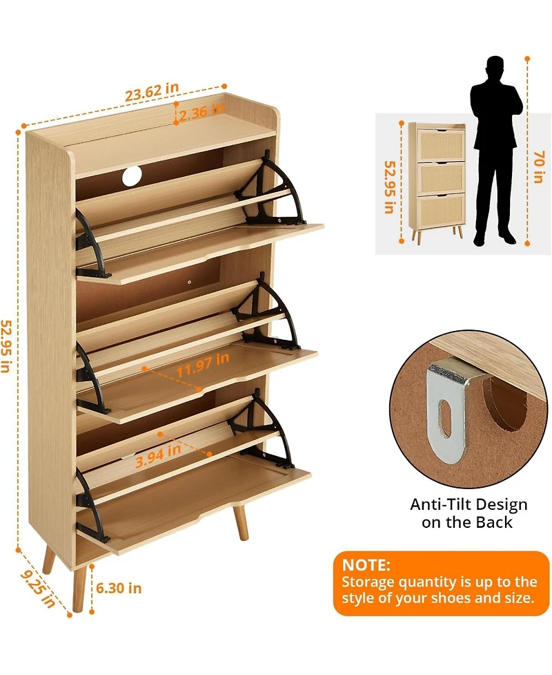 gaomon Narrow 3-Tier Shoe Cabinet with 3 Woven Rattan Flip Drawers