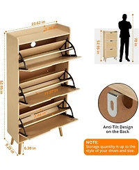 gaomon Narrow 3-Tier Shoe Cabinet with 3 Woven Rattan Flip Drawers