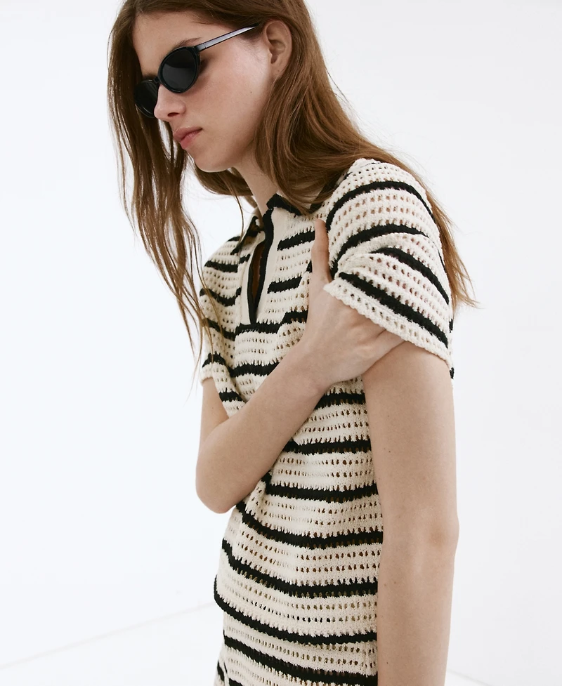 Mango Women's Striped Crocheted Polo Top