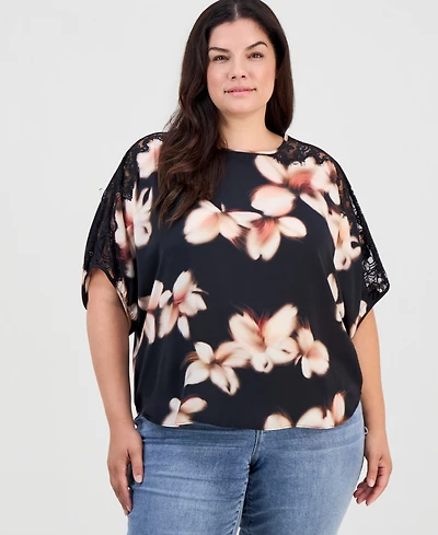 Democracy Plus Inset Lace Dolman Floral Blouse