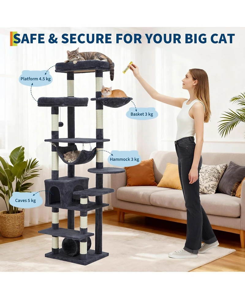 homfan 74" Cat Tree for Large Cats, Tall Tower with 11 Scratching Posts, Hammock, Top Perch, Toy Balls, Condo, Heavy Duty House Adult Big Cats