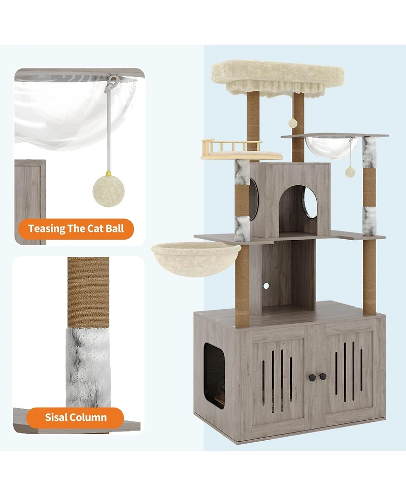 homfan Cat Tree with Hidden Litter Box Enclosure, Multi-Level Tower, Large Perch, Sisal Scratching Posts, Condo and Hammock.