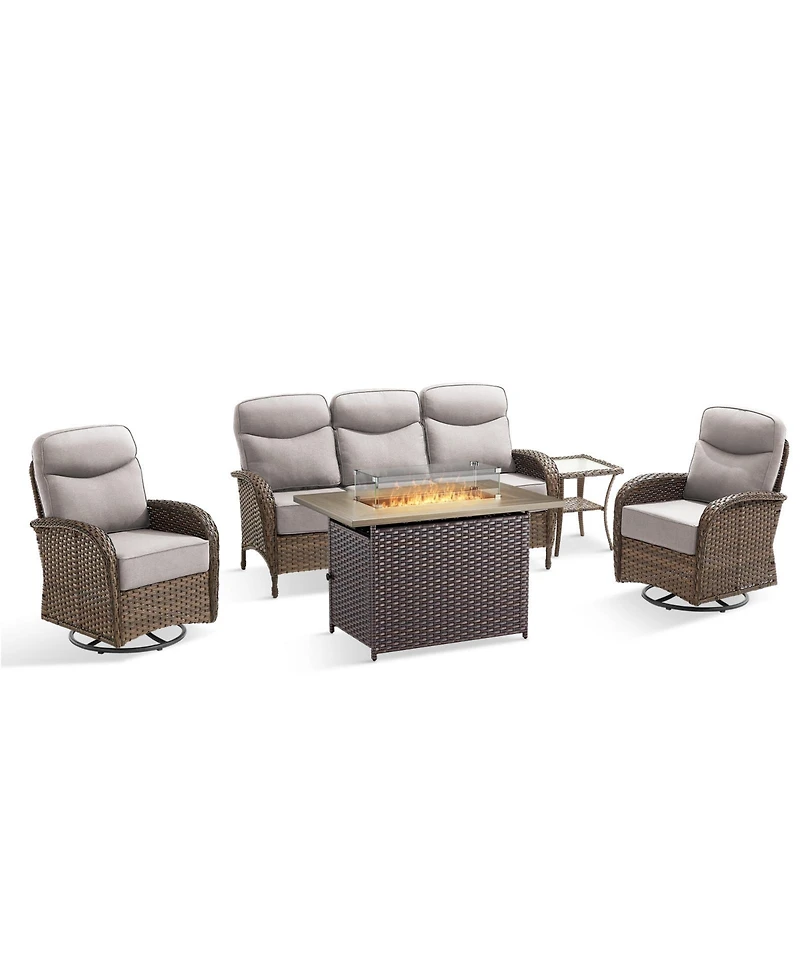 Pocassy Cushion Patio Furniture Set with Fire Pit Table, High Back Swivel Rocker Chairs Outdoor Couch, Wicker Conversation
